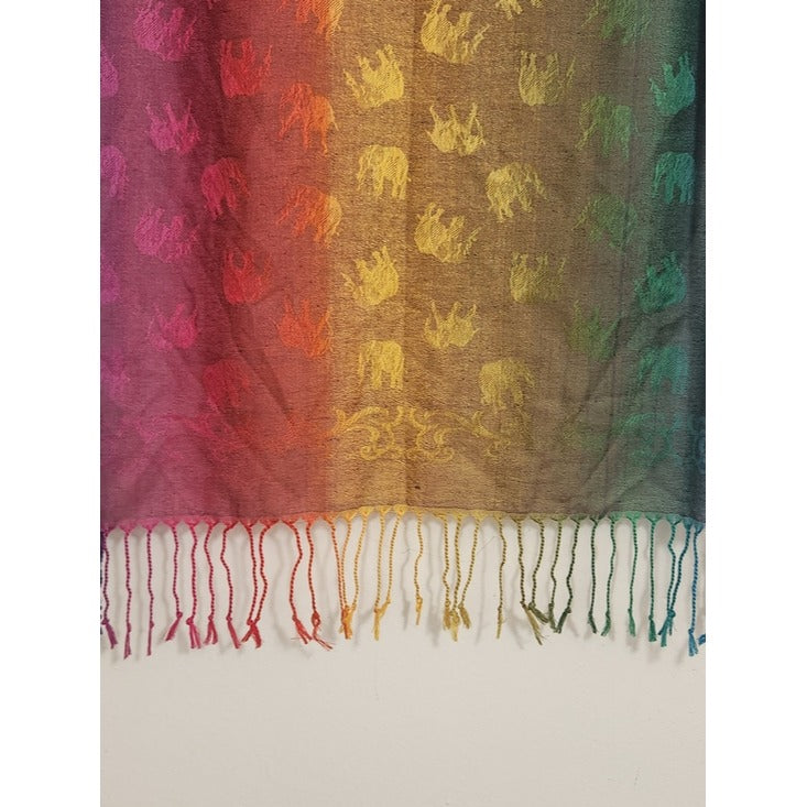 Pashmina Rainbow Elephant Print Scarf with Fringe 68 x 26