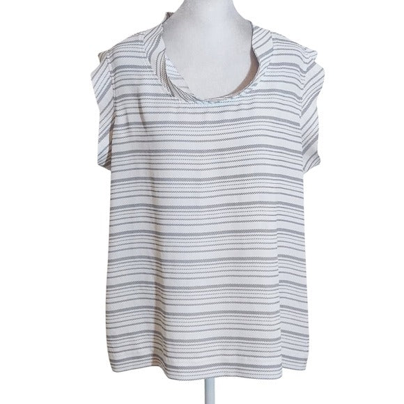 CABI White and Black Striped Cap Sleeve Blouse Size Large