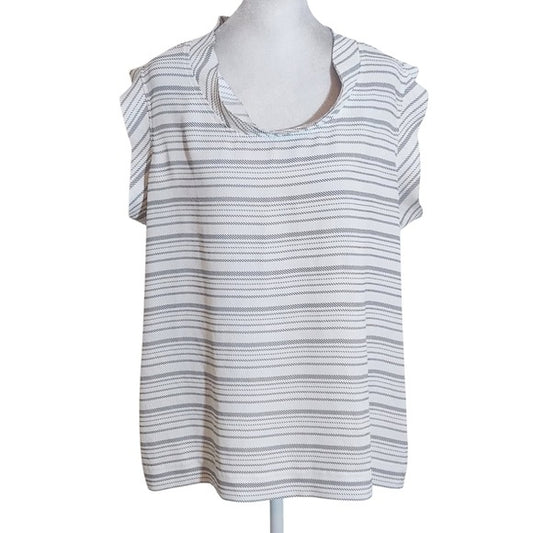 CABI White and Black Striped Cap Sleeve Blouse Size Large