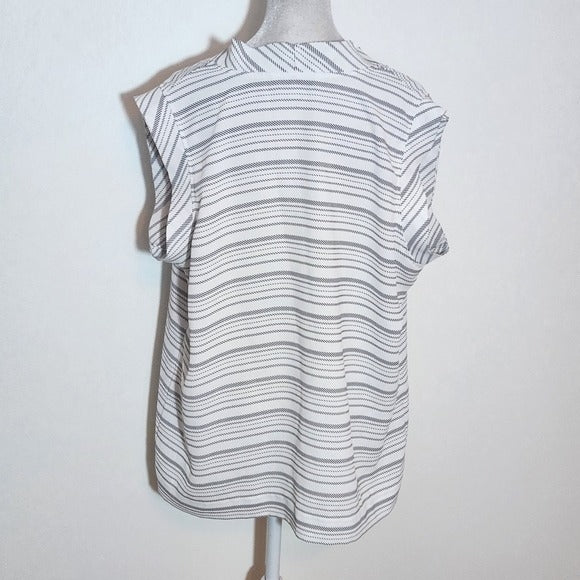 CABI White and Black Striped Cap Sleeve Blouse Size Large
