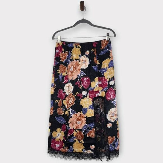 Band of the Free Black Floral Boho Midi Slip Skirt Size XS Black Boho Skirt, New