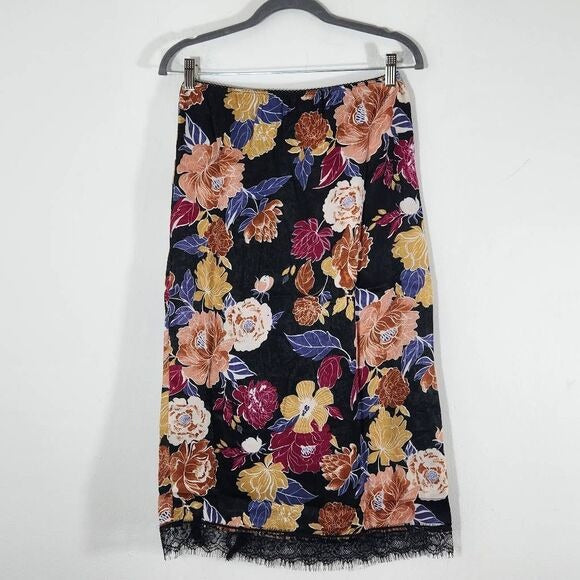 Band of the Free Black Floral Boho Midi Slip Skirt Size XS Black Boho Skirt, New
