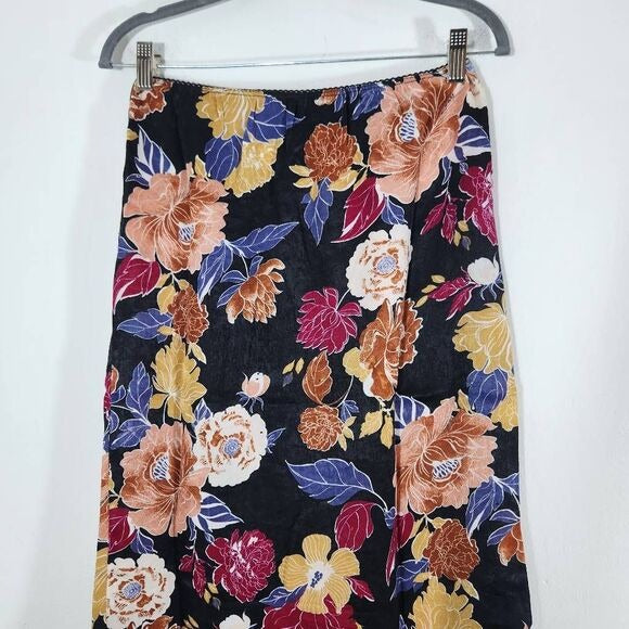 Band of the Free Black Floral Boho Midi Slip Skirt Size XS Black Boho Skirt, New