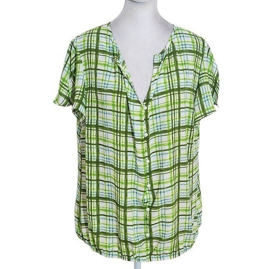 New York & Company Short Sleeve Green Plaid Blouse Size Large