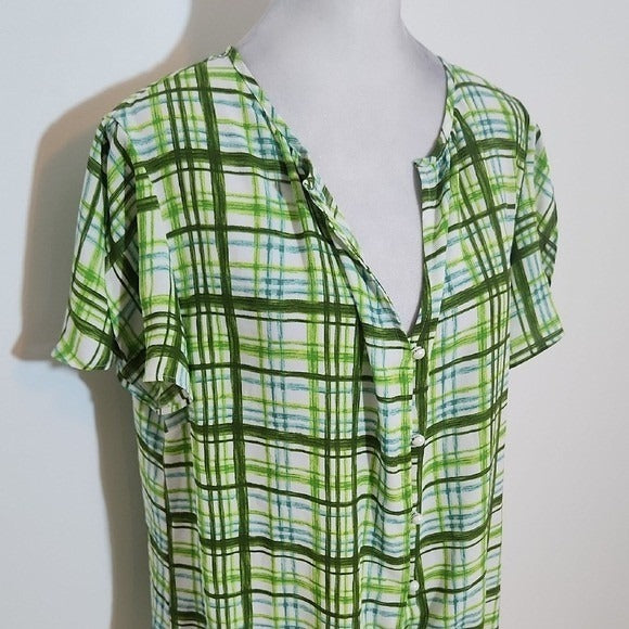 New York & Company Short Sleeve Green Plaid Blouse Size Large