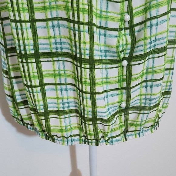 New York & Company Short Sleeve Green Plaid Blouse Size Large