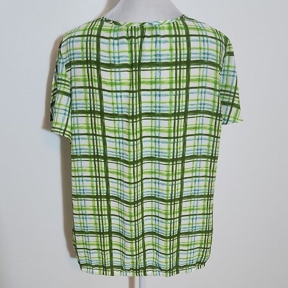 New York & Company Short Sleeve Green Plaid Blouse Size Large