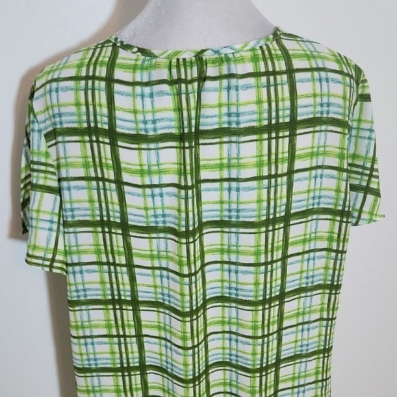 New York & Company Short Sleeve Green Plaid Blouse Size Large