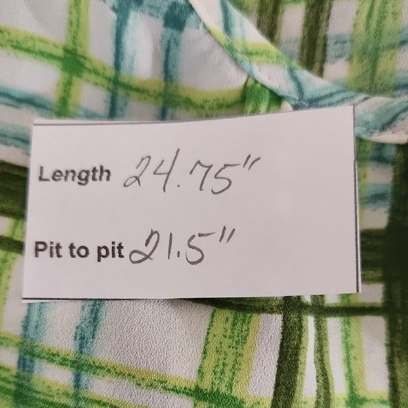 New York & Company Short Sleeve Green Plaid Blouse Size Large