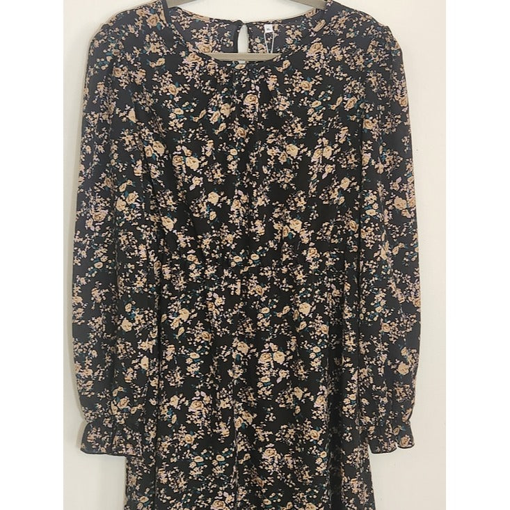 LuckSwan Black and Teal Blue Floral Long Sleeve Dress Size XL NWT