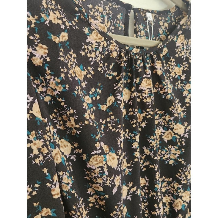 LuckSwan Black and Teal Blue Floral Long Sleeve Dress Size XL NWT