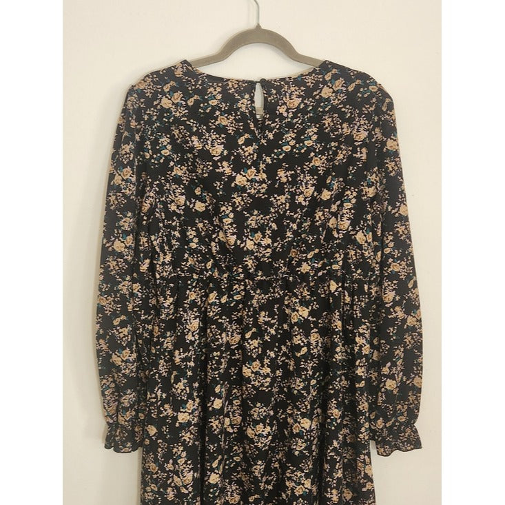 LuckSwan Black and Teal Blue Floral Long Sleeve Dress Size XL NWT