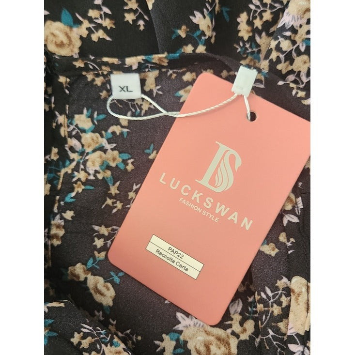 LuckSwan Black and Teal Blue Floral Long Sleeve Dress Size XL NWT