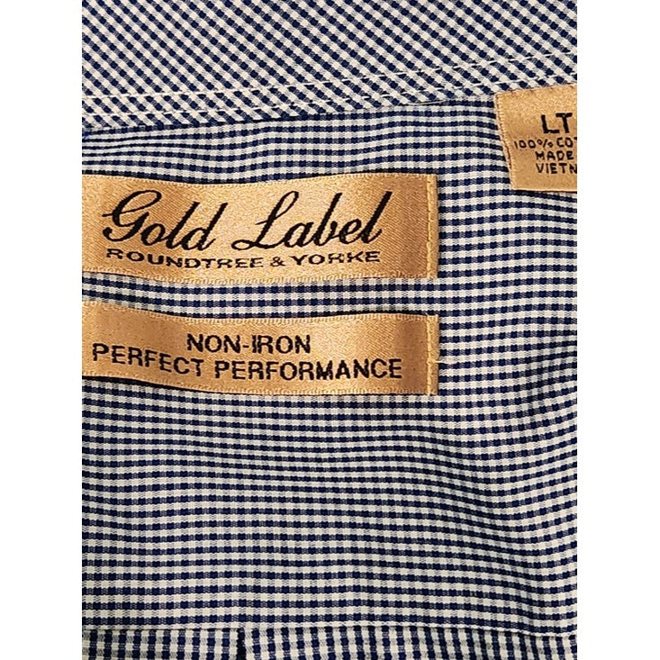 Roundtree & Yorke Gold Label Navy Gingham Check Buttondown Shirt Size LT
