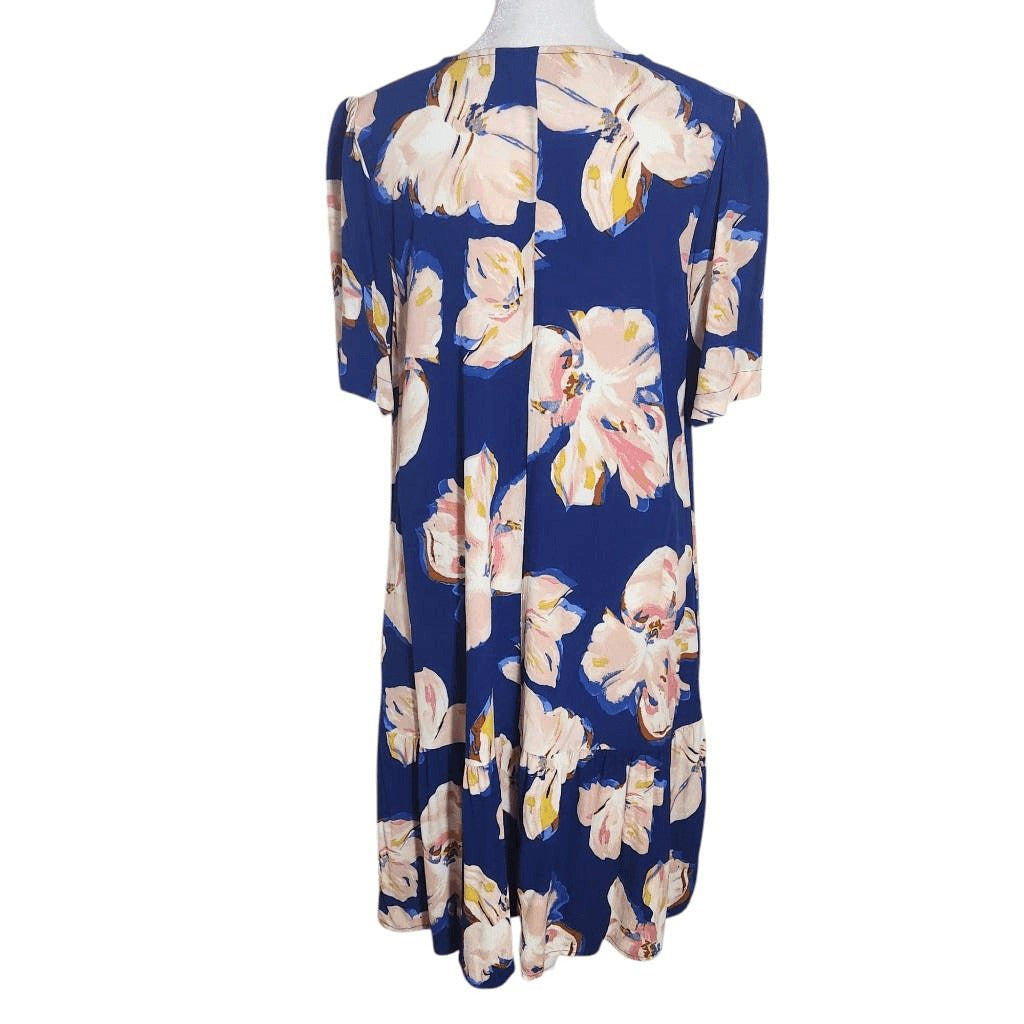 a new day Blue Floral Mini Shift Dress with Ruffle Hemline Size Small Easter Dre