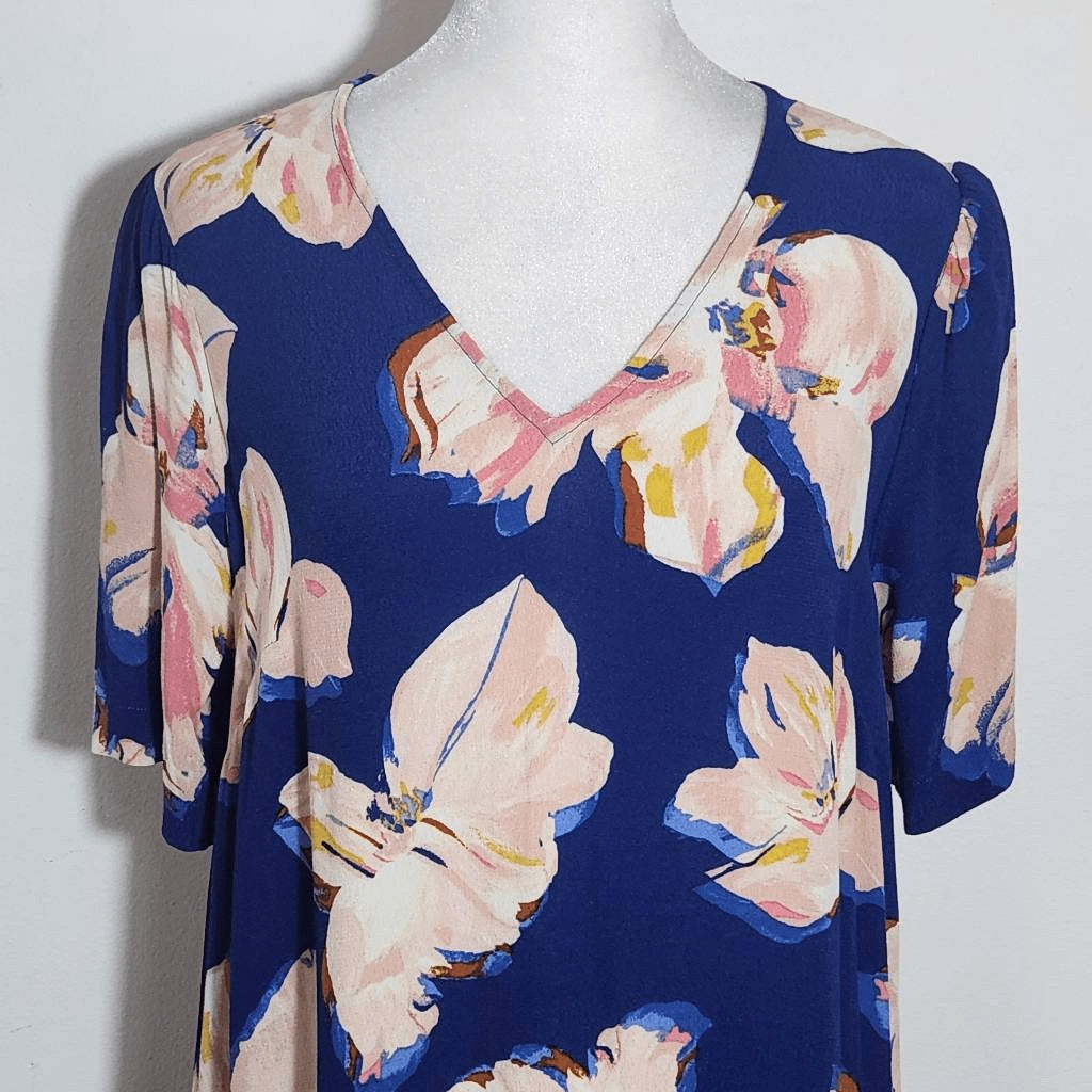 a new day Blue Floral Mini Shift Dress with Ruffle Hemline Size Small Easter Dre
