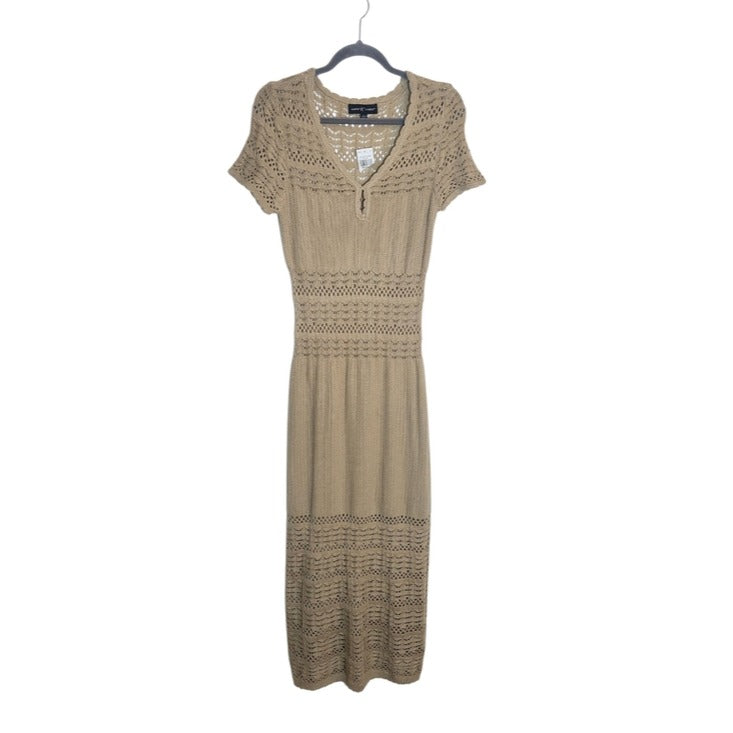 Almost Famous Fitted Tan Open Weave Knit Midi Dress Short Sleeve Size Large NWOT