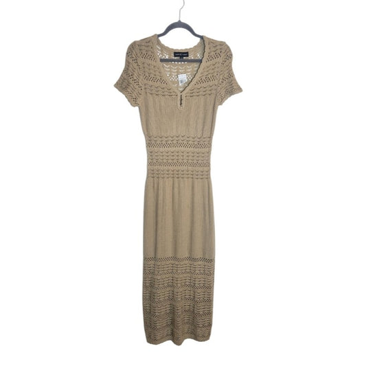 Almost Famous Fitted Tan Open Weave Knit Midi Dress Short Sleeve Size Large NWOT