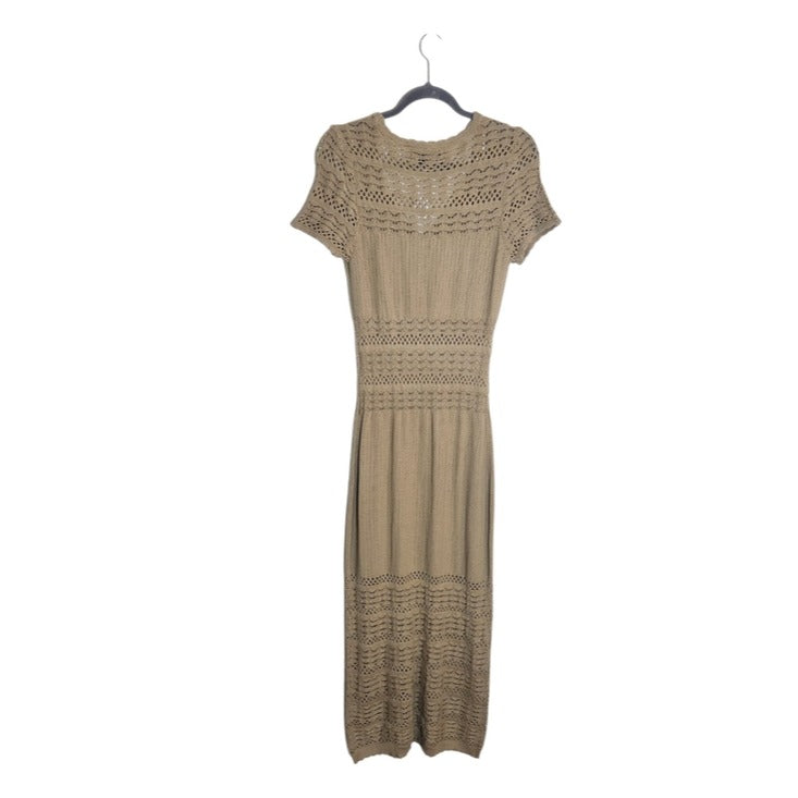 Almost Famous Fitted Tan Open Weave Knit Midi Dress Short Sleeve Size Large NWOT