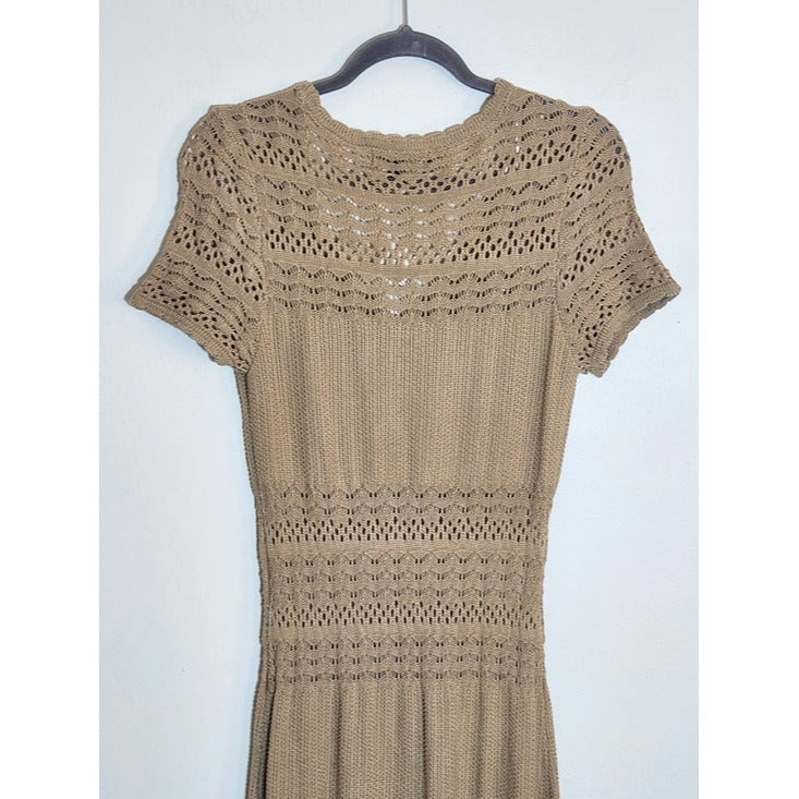 Almost Famous Fitted Tan Open Weave Knit Midi Dress Short Sleeve Size Large NWOT