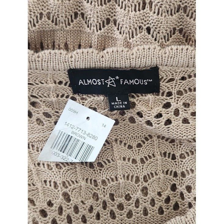 Almost Famous Fitted Tan Open Weave Knit Midi Dress Short Sleeve Size Large NWOT