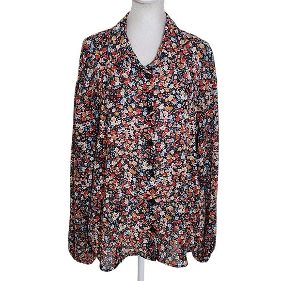 SHEIN Black Floral Button Down Blouse Size Medium