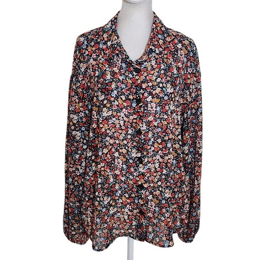 SHEIN Black Floral Button Down Blouse Size Medium
