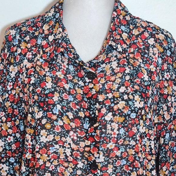 SHEIN Black Floral Button Down Blouse Size Medium