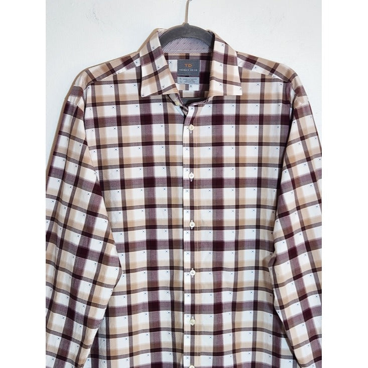 Thomas Dean Burgundy Plaid Button Up Shirt Size XL
