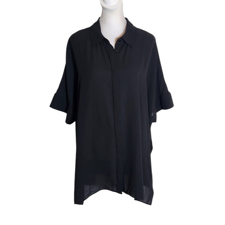 Alfani Black Oversized Short Sleeve Button-Up Tunic Blouse Size Medium