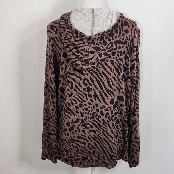 All Worthy Animal Print Hoodie Size XXS Brown and Black Leopard Print Top