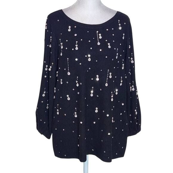 Chico's Black Drop Rhinestone Pullover Sweater Size Medium Rhinestone Top New