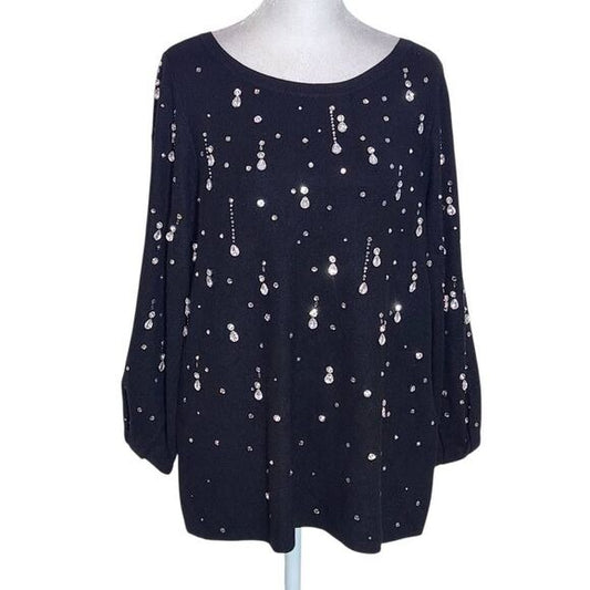 Chico's Black Drop Rhinestone Pullover Sweater Size Medium Rhinestone Top New