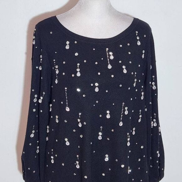 Chico's Black Drop Rhinestone Pullover Sweater Size Medium Rhinestone Top New