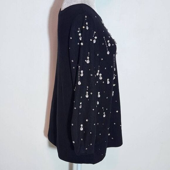 Chico's Black Drop Rhinestone Pullover Sweater Size Medium Rhinestone Top New