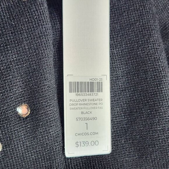 Chico's Black Drop Rhinestone Pullover Sweater Size Medium Rhinestone Top New