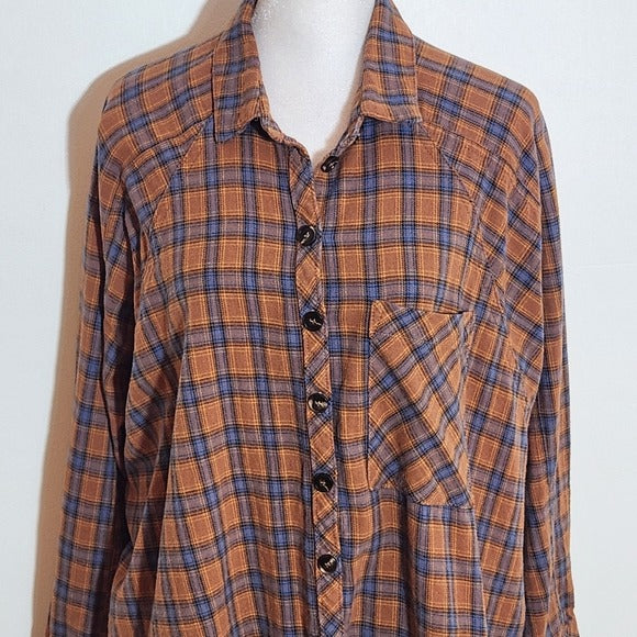 Peach Love Womens Brown Plaid Flannel Button-Up Size Medium