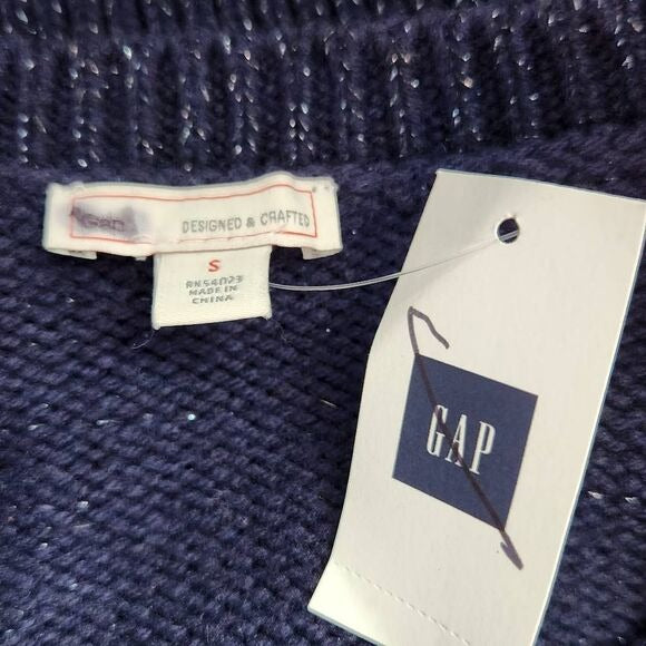 Gap Navy Crew Neck Sweater with Silver Metallic Thread Accents Size Small, New