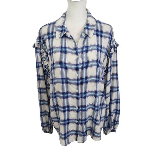 Candace Cameron Bure Blue White Plaid Flannel Size XS Plaid Button Down Shirt