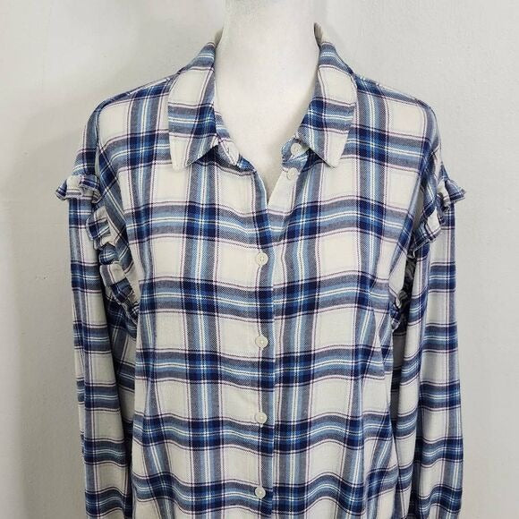 Candace Cameron Bure Blue White Plaid Flannel Size XS Plaid Button Down Shirt