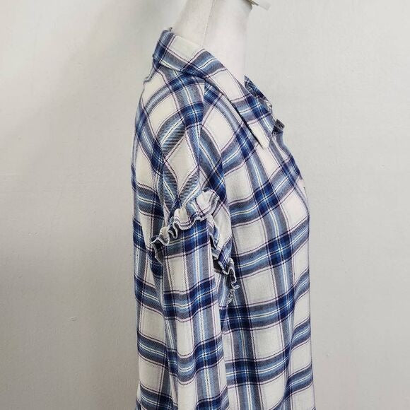 Candace Cameron Bure Blue White Plaid Flannel Size XS Plaid Button Down Shirt
