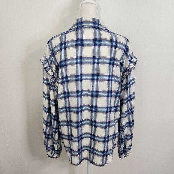 Candace Cameron Bure Blue White Plaid Flannel Size XS Plaid Button Down Shirt