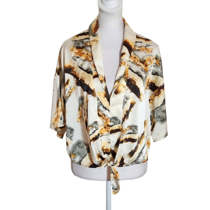 Fashion Nova Cream Satin Print Tie Waist Blouse NWT Size Small