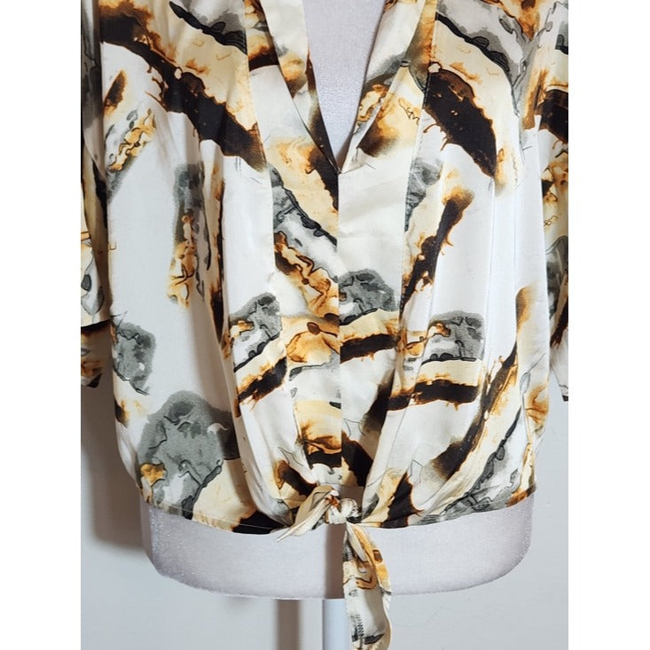 Fashion Nova Cream Satin Print Tie Waist Blouse NWT Size Small
