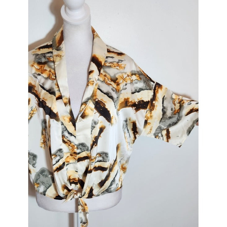 Fashion Nova Cream Satin Print Tie Waist Blouse NWT Size Small