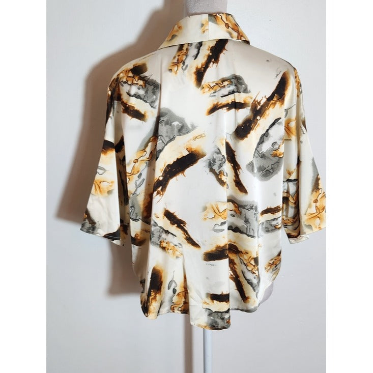Fashion Nova Cream Satin Print Tie Waist Blouse NWT Size Small