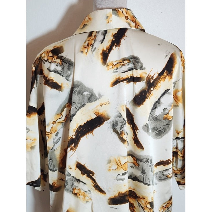 Fashion Nova Cream Satin Print Tie Waist Blouse NWT Size Small