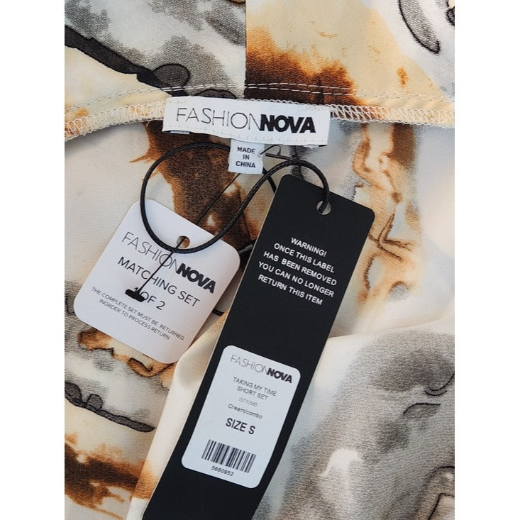 Fashion Nova Cream Satin Print Tie Waist Blouse NWT Size Small
