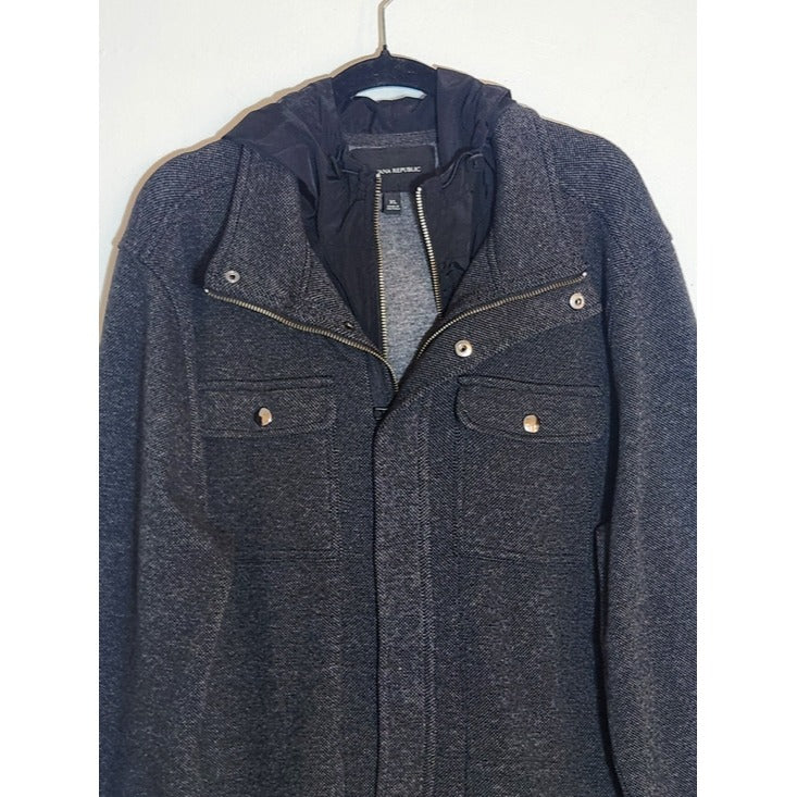 Banana Republic Mens Charcoal Gray Coat with Black Nylon Hoodie Size XL