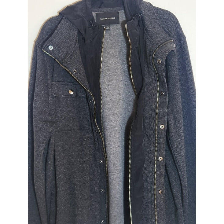 Banana Republic Mens Charcoal Gray Coat with Black Nylon Hoodie Size XL